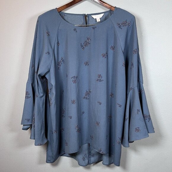 LC Lauren Conrad Women's Bell Sleeve Blouse Size XL Blue Floral Split Back - Picture 1 of 11